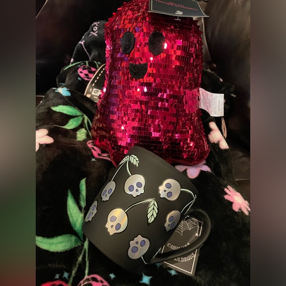 CHRISTIAN SIRIANO NWT Hot Pink Sequin Plush Ghost WITH Skull Cherries Coffee Mug - Picture 1 of 15